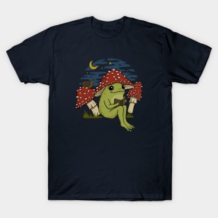Cute Frog in Mushroom Hat Reading a Book, Goblincore Toad Toadstool Under Starry Cottagecore Sky T-Shirt